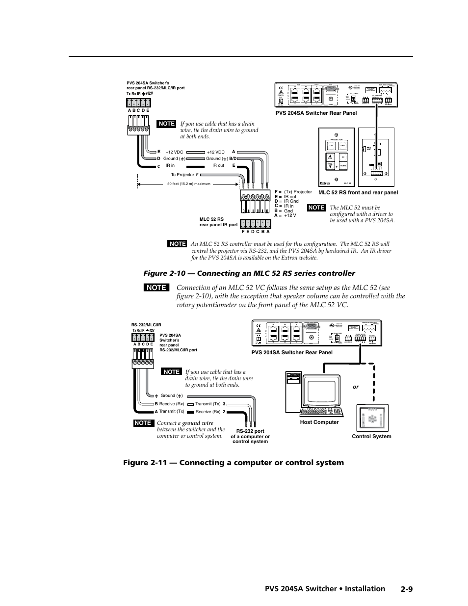 9 pvs 204sa switcher • installation, Do not ground or short speaker outputs, Pvs 204sa switcher rear panel | Mlc 52 rs front and rear panel, Rs-232 port of a computer or control system, Host computer control system | Extron Electronics PVS 204SA User Guide User Manual | Page 21 / 54