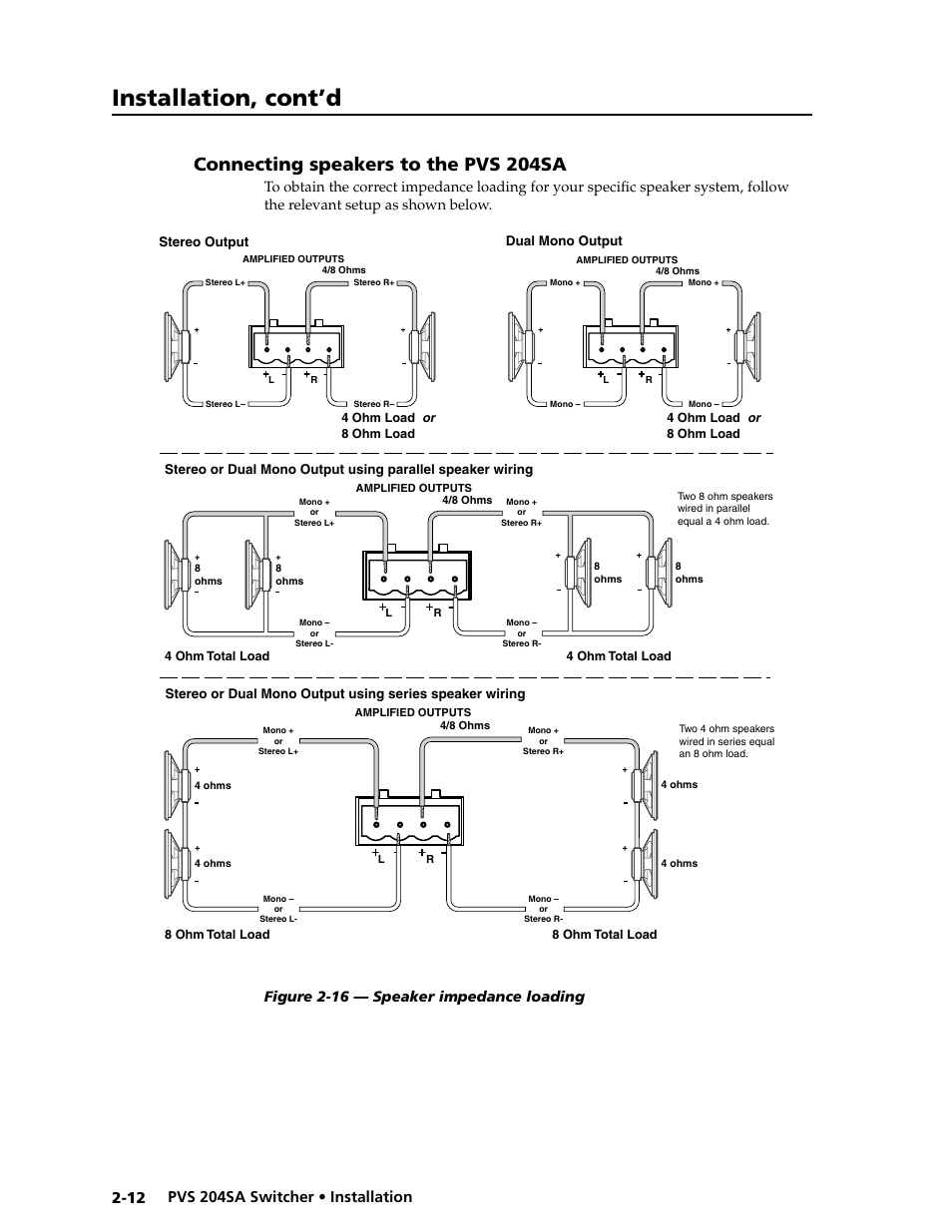 Connecting speakers to the pvs 204sa, Preliminar y, Installation, cont’d | Extron Electronics PVS 204SA User Guide User Manual | Page 24 / 54