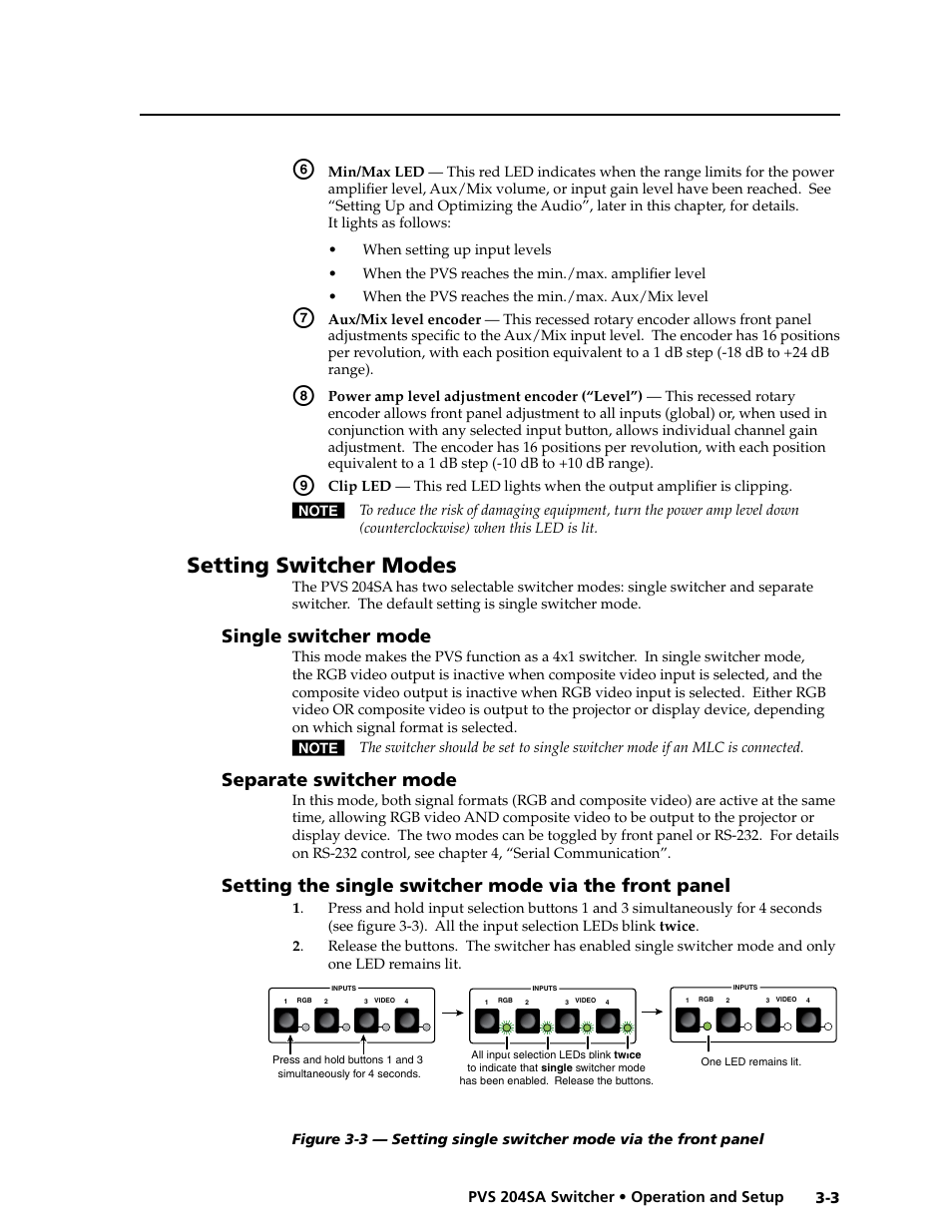 Setting switcher modes, Single switcher mode, Separate switcher mode | Preliminar y | Extron Electronics PVS 204SA User Guide User Manual | Page 29 / 54