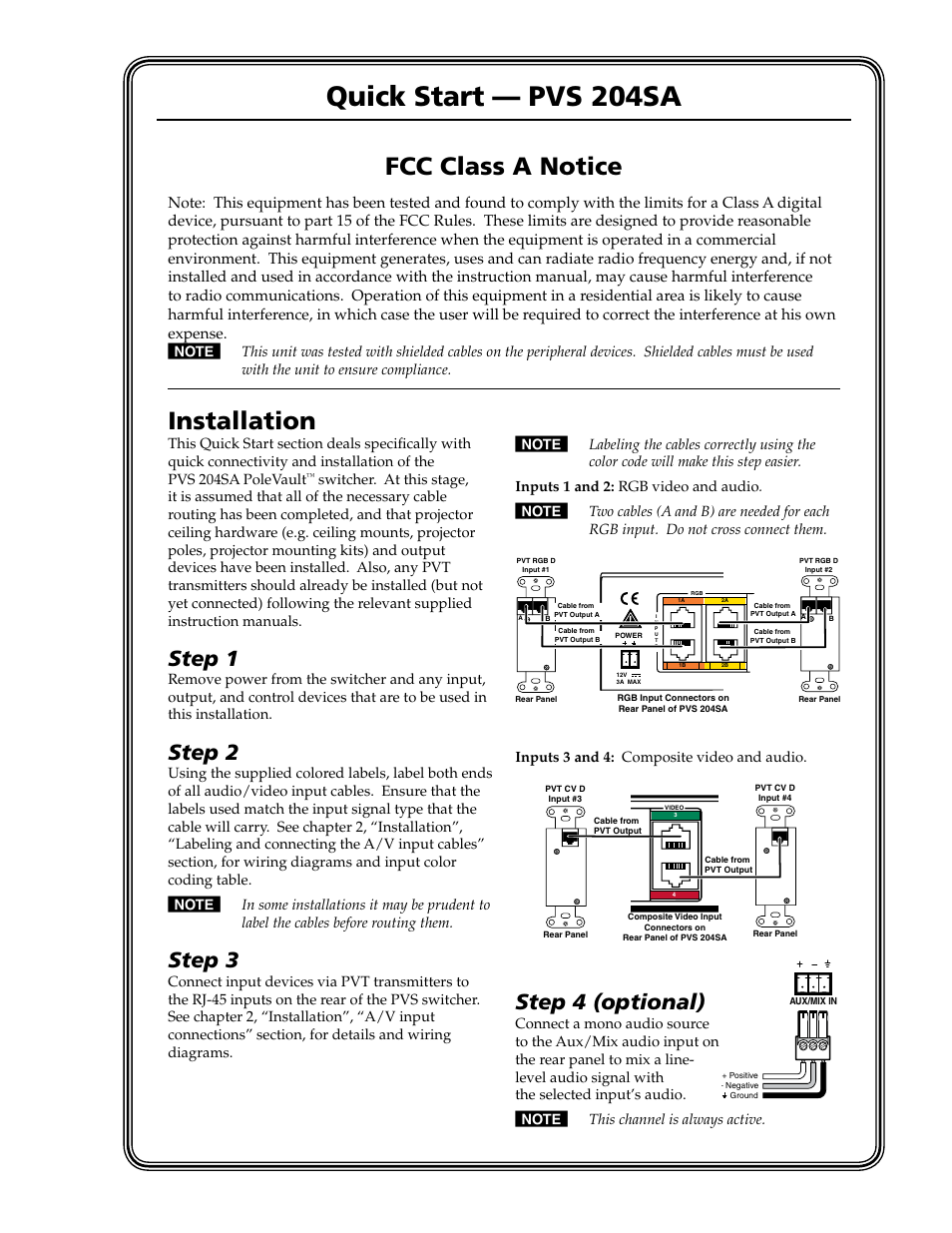 Quick start, Quick start — pvs 204sa, Installation | Fcc class a notice, Step 1, Step 2, Step 3, Step 4 (optional) | Extron Electronics PVS 204SA User Guide User Manual | Page 3 / 54