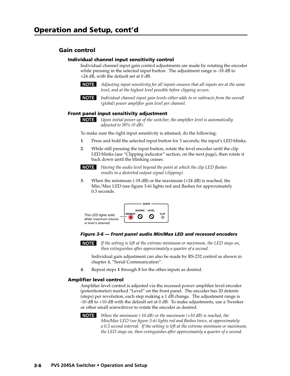 Gain control, Individual channel input sensitivity control, Front panel input sensitivity adjustment | Amp level control, Amplifier level control, Preliminar y, Operation and setup, cont’d | Extron Electronics PVS 204SA User Guide User Manual | Page 32 / 54