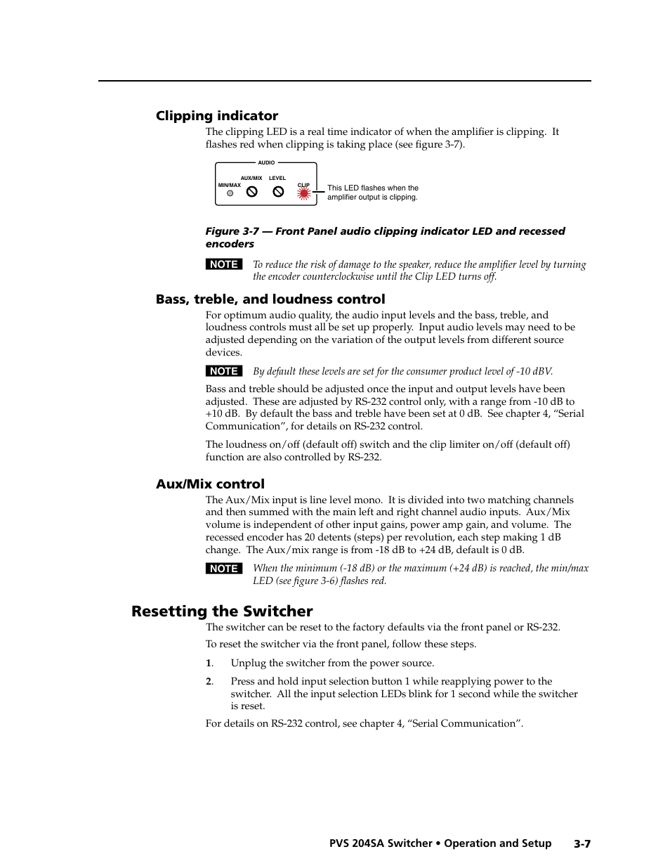 Clipping indicator, Bass, treble, and loudness control, Aux/mix control | Resetting the switcher, Preliminar y | Extron Electronics PVS 204SA User Guide User Manual | Page 33 / 54