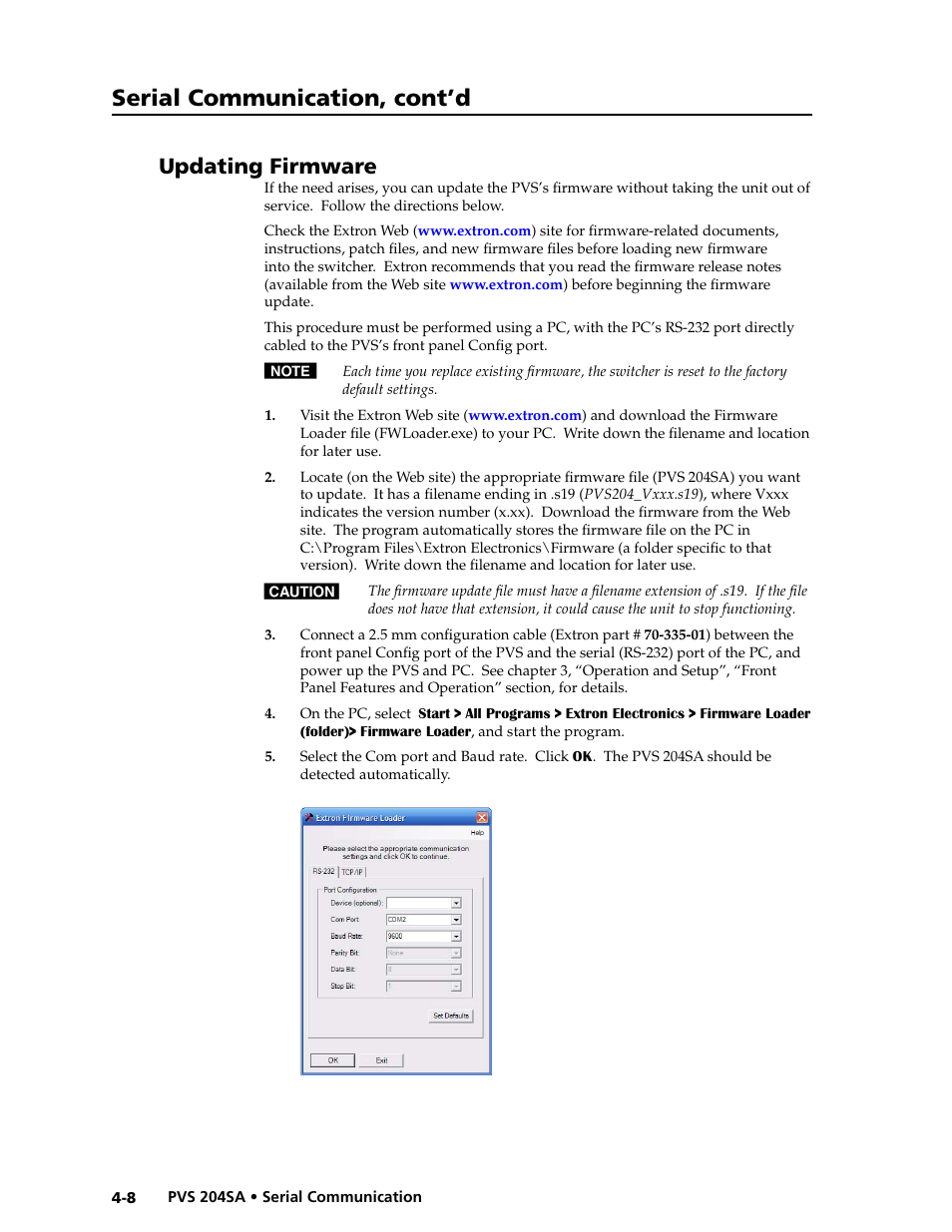 Updating firmware, Preliminar y, Serial communication, cont’d | Extron Electronics PVS 204SA User Guide User Manual | Page 42 / 54