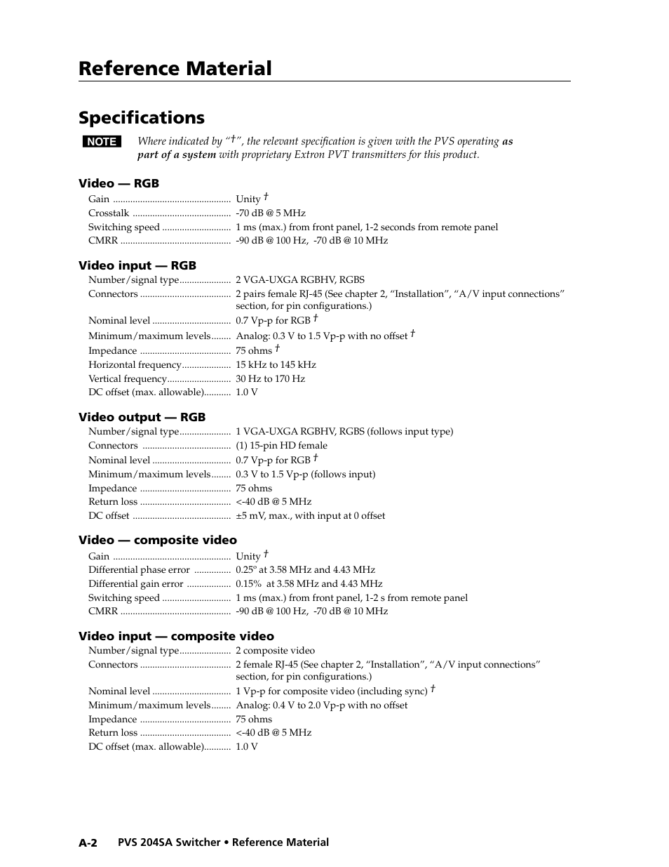 Specifications, Preliminar y, Reference material | Extron Electronics PVS 204SA User Guide User Manual | Page 46 / 54