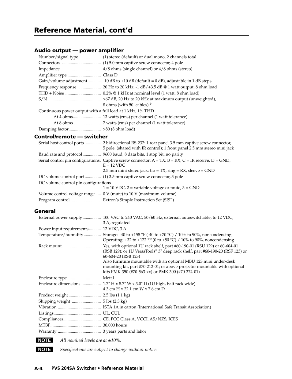 Preliminar y, Reference material, cont’d | Extron Electronics PVS 204SA User Guide User Manual | Page 48 / 54