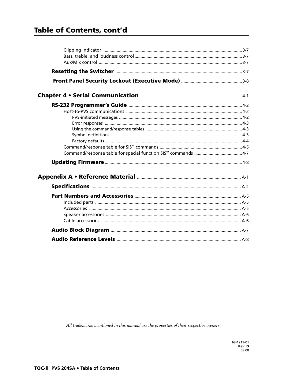 Chapter 4 - serial communication, Preliminar y, Table of contents, cont’d | Extron Electronics PVS 204SA User Guide User Manual | Page 6 / 54