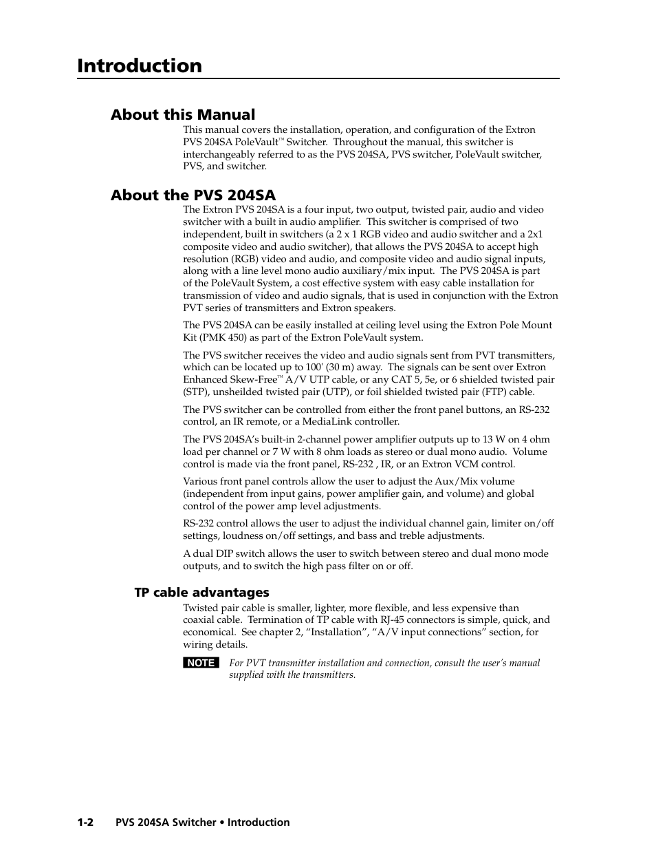 About this manual, About the pvs 240sa, Tp cable advantages | Introduction, About the pvs 204sa | Extron Electronics PVS 204SA User Guide User Manual | Page 8 / 54