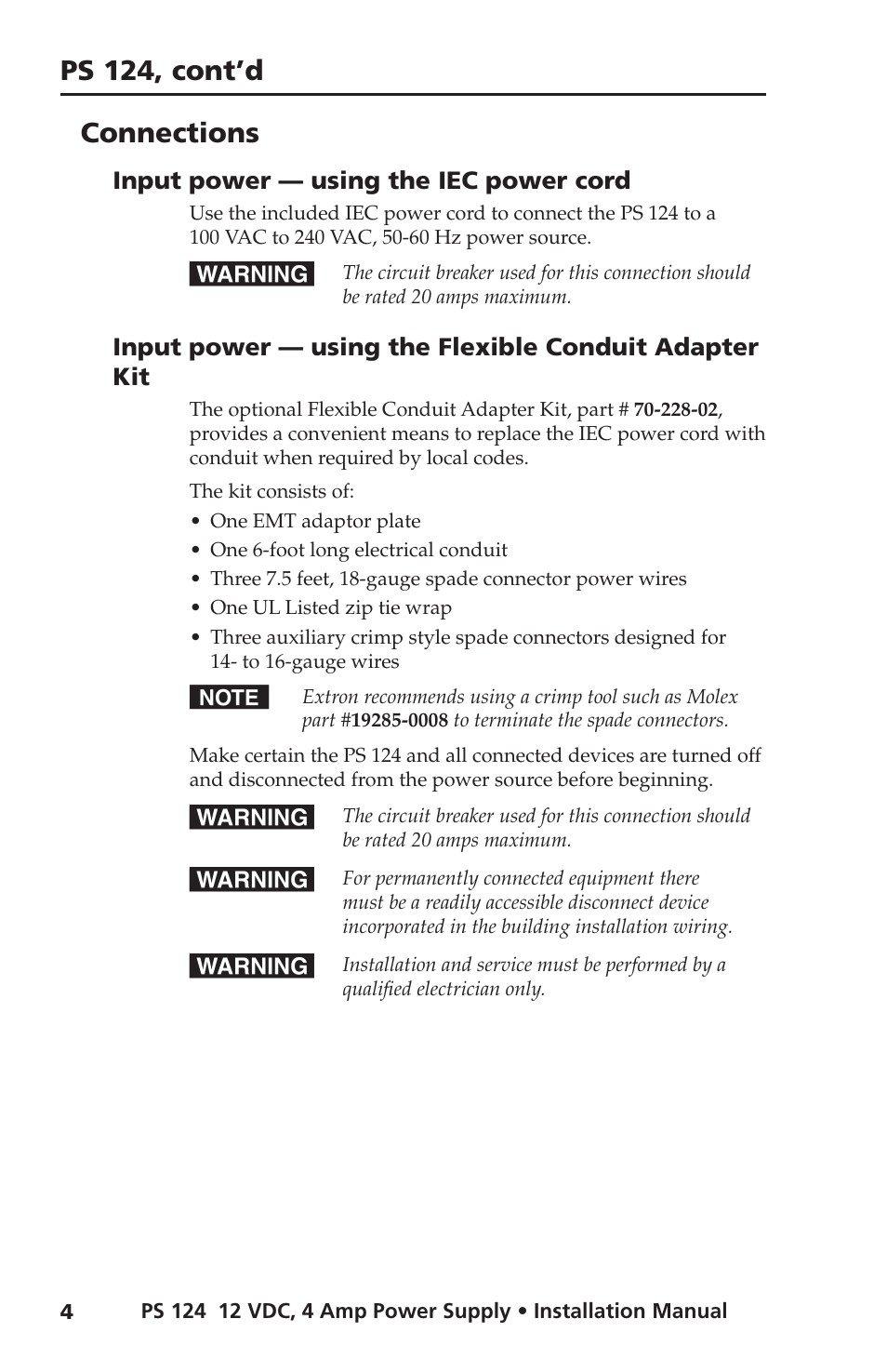 Connections, Input power — using the iec power cord, Ps 124, cont’d | Extron Electronics PS 124 User Manual | Page 10 / 24