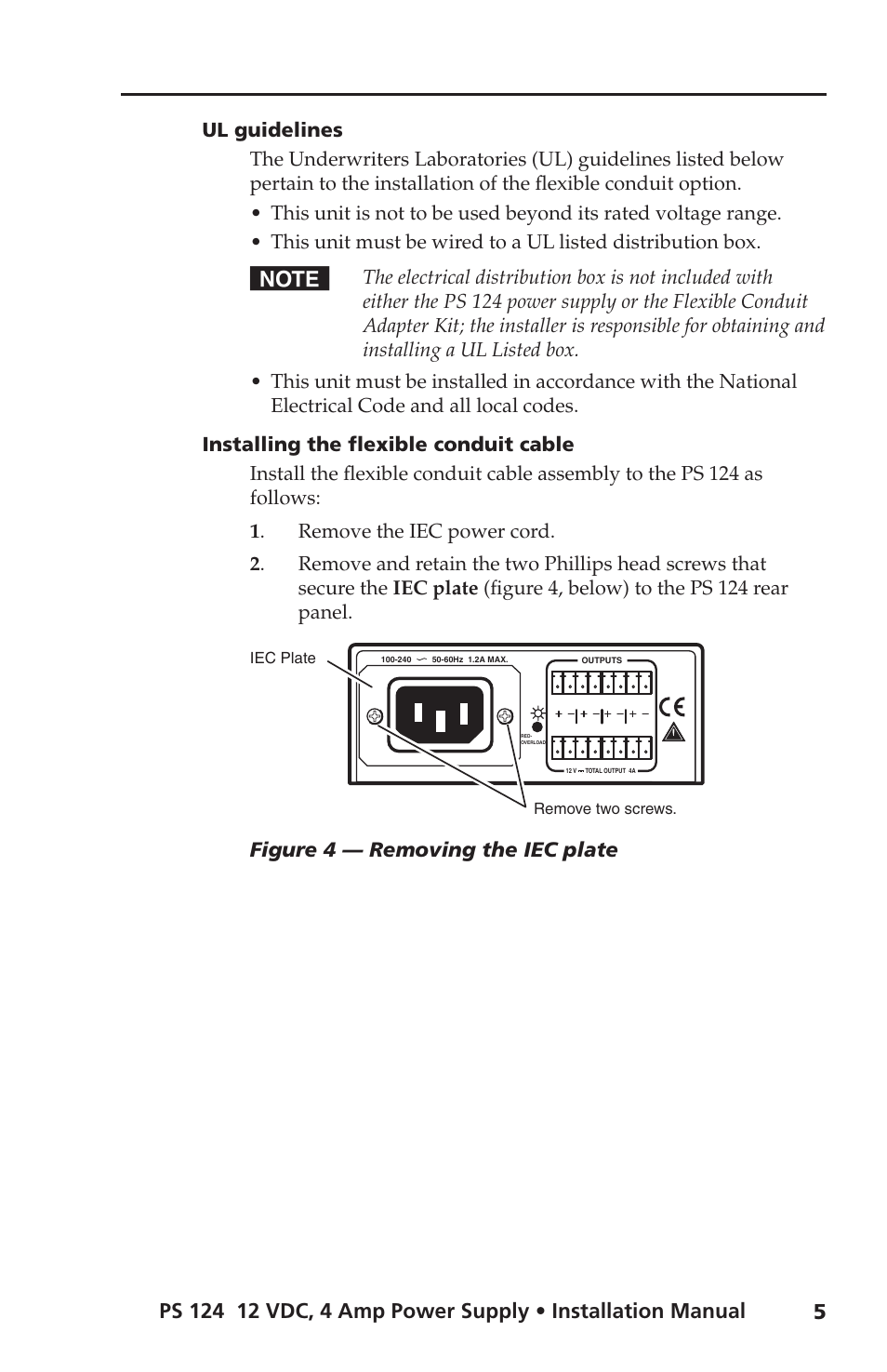 Ul guidelines, Installing the flexible conduit cable | Extron Electronics PS 124 User Manual | Page 11 / 24