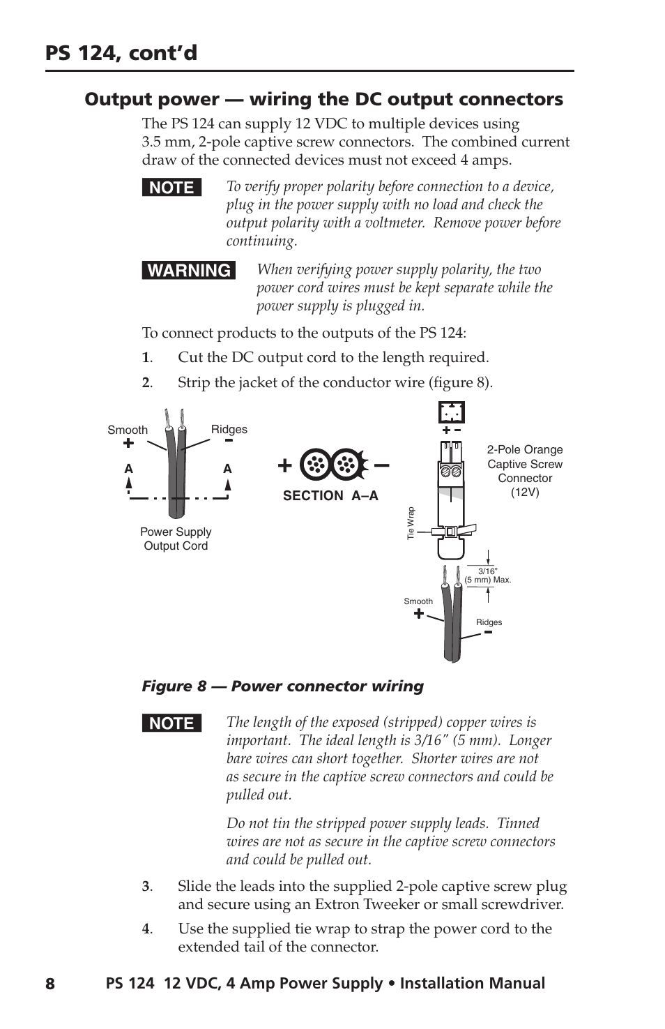 Output power — wiring the dc output connectors, Ps 124, cont’d | Extron Electronics PS 124 User Manual | Page 14 / 24
