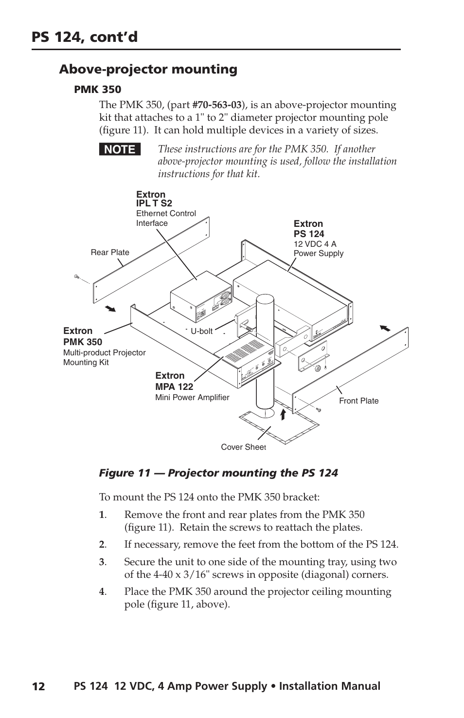 Above-projector mounting, Ps 124, cont’d, Extron pmk 350 | Extron ps 124, Extron ipl t s2, Extron mpa 122 | Extron Electronics PS 124 User Manual | Page 18 / 24