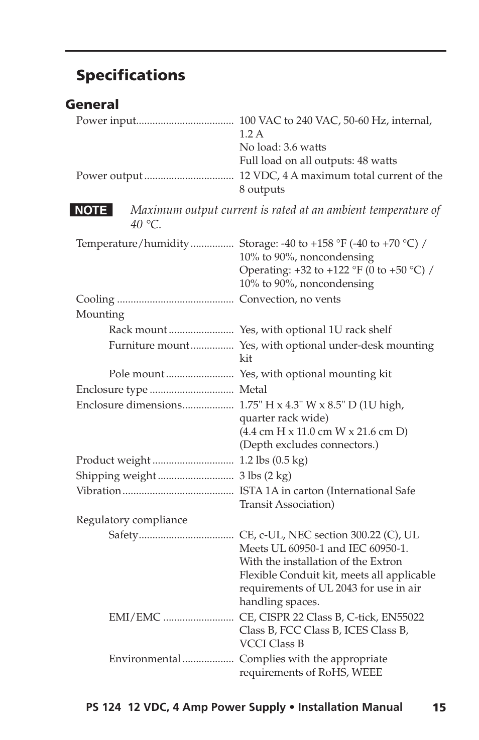 Specifications, General | Extron Electronics PS 124 User Manual | Page 21 / 24