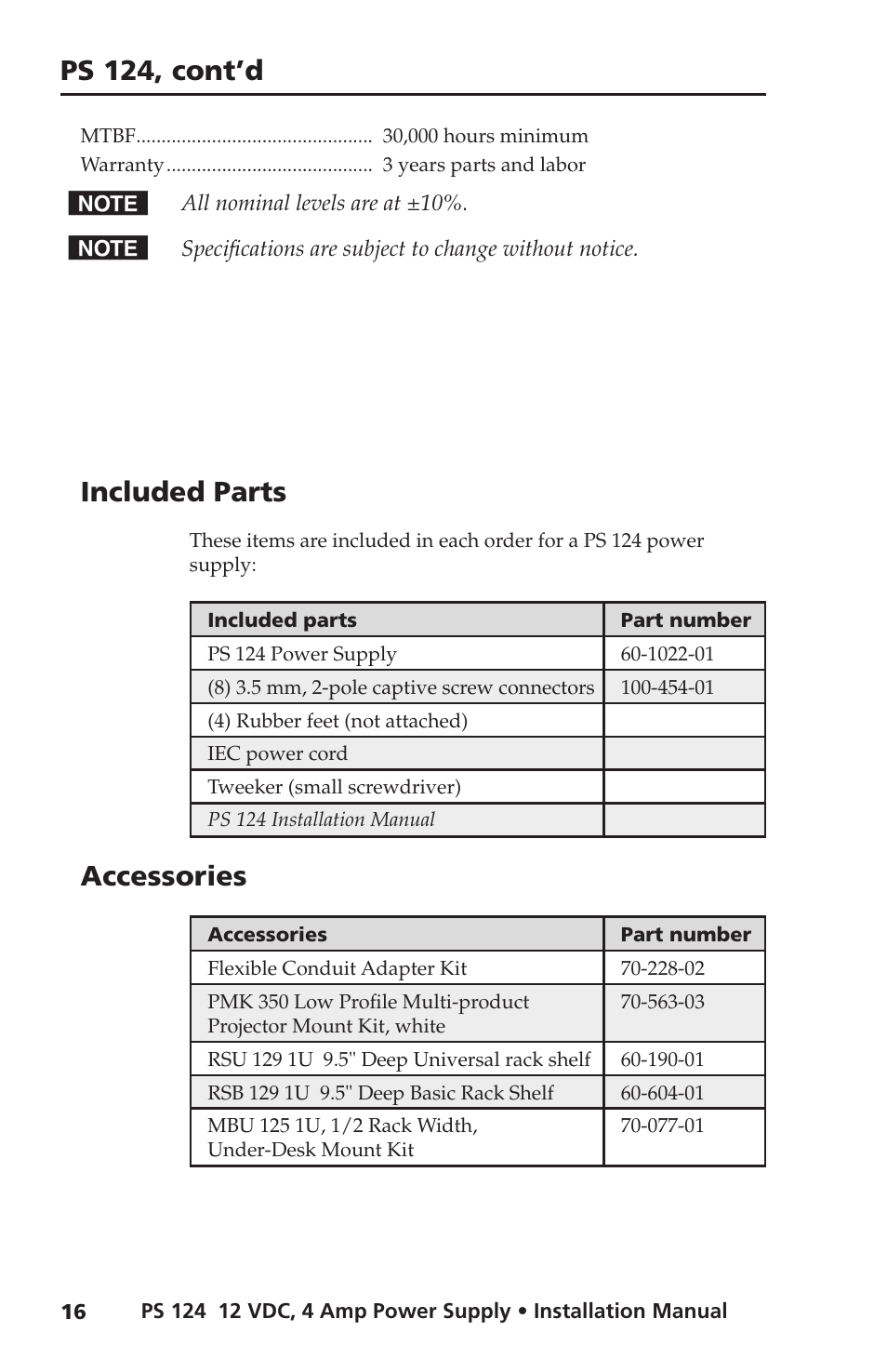 Included parts, Accessories, Ps 124, cont’d | Extron Electronics PS 124 User Manual | Page 22 / 24