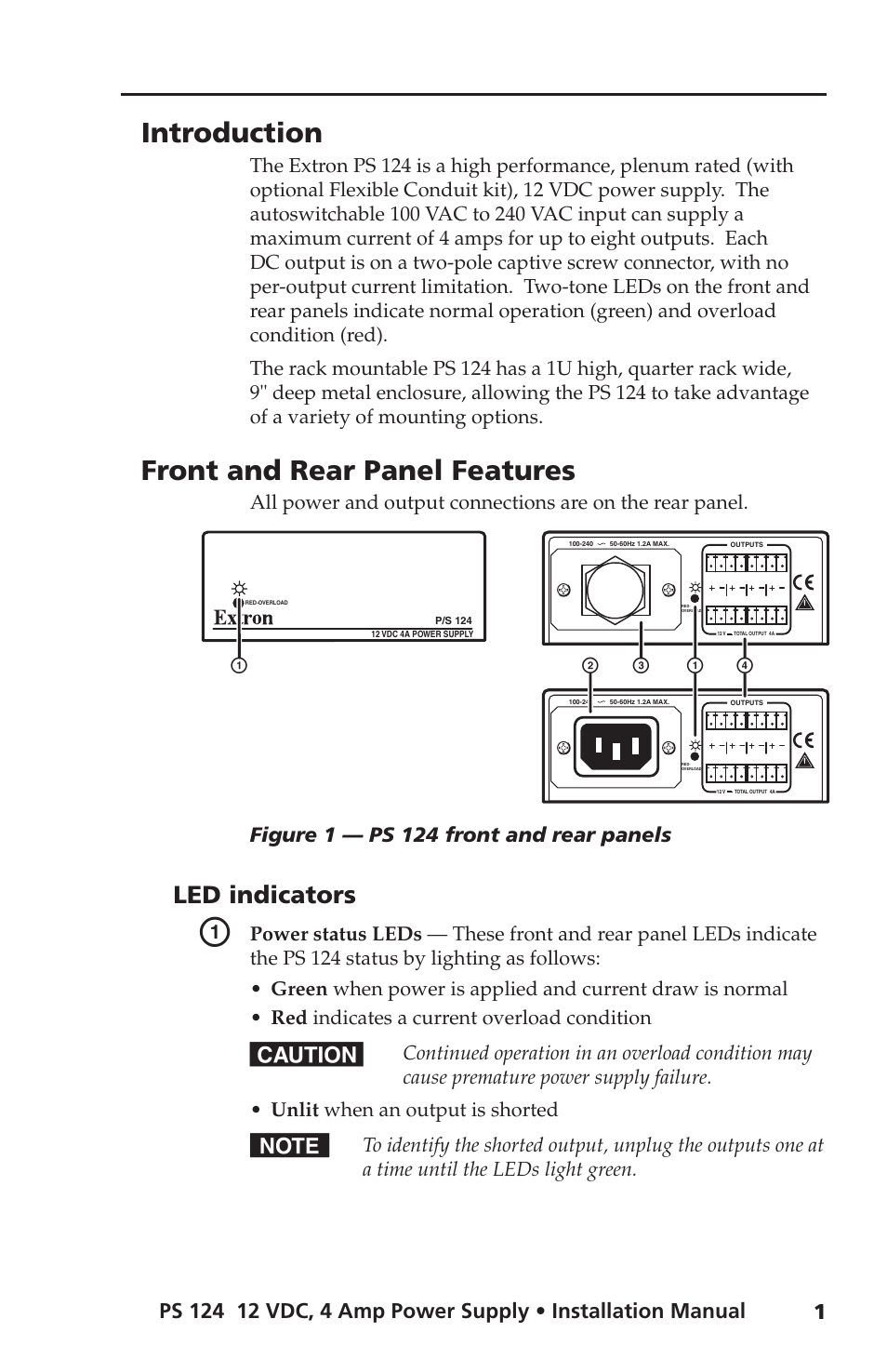 Introduction, Front and rear panel features, Led indicators | De f c c | Extron Electronics PS 124 User Manual | Page 7 / 24