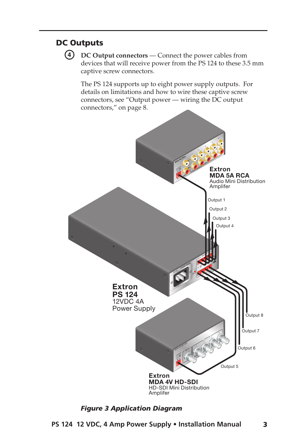 Dc outputs, Extron ps 124, 12vdc 4a power supply | Figure 3 application diagram, Extron mda 4v hd-sdi, Extron mda 5a rca, Hd-sdi mini distribution amplifer, Audio mini distribution amplifer | Extron Electronics PS 124 User Manual | Page 9 / 24