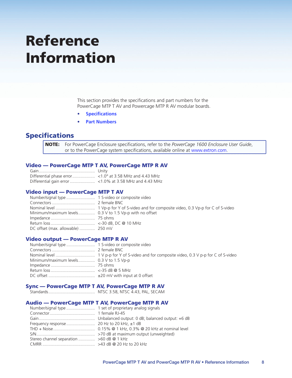 Reference information, Specifications | Extron Electronics PowerCage MTP AV Series User Guide User Manual | Page 12 / 15