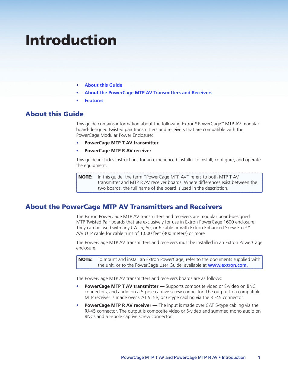 Introduction, About this manual, And receivers | About this guide | Extron Electronics PowerCage MTP AV Series User Guide User Manual | Page 5 / 15