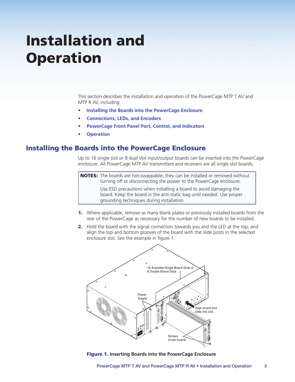 Installation and operation, Installing the boards into the powercage enclosure, Installing the boards into the powercage | Enclosure | Extron Electronics PowerCage MTP AV Series User Guide User Manual | Page 7 / 15