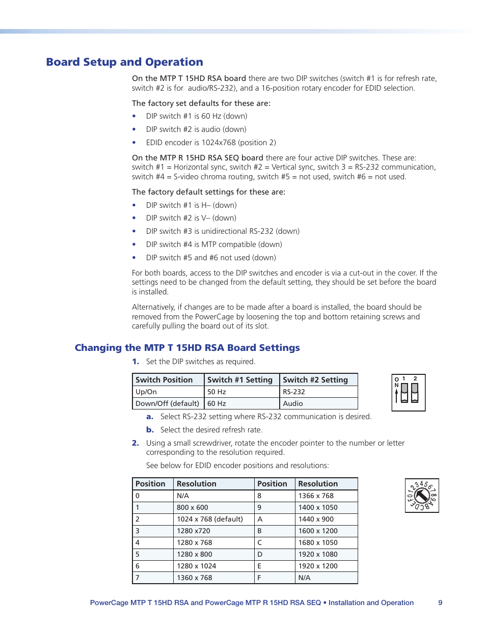 Board setup and operation, Changing the mtp t 15hd rsa board settings, Changing the mtp t 15hd rsa board | Settings, D setup and operation | Extron Electronics PowerCage MTP 15HD RSA Series User Guide User Manual | Page 13 / 20