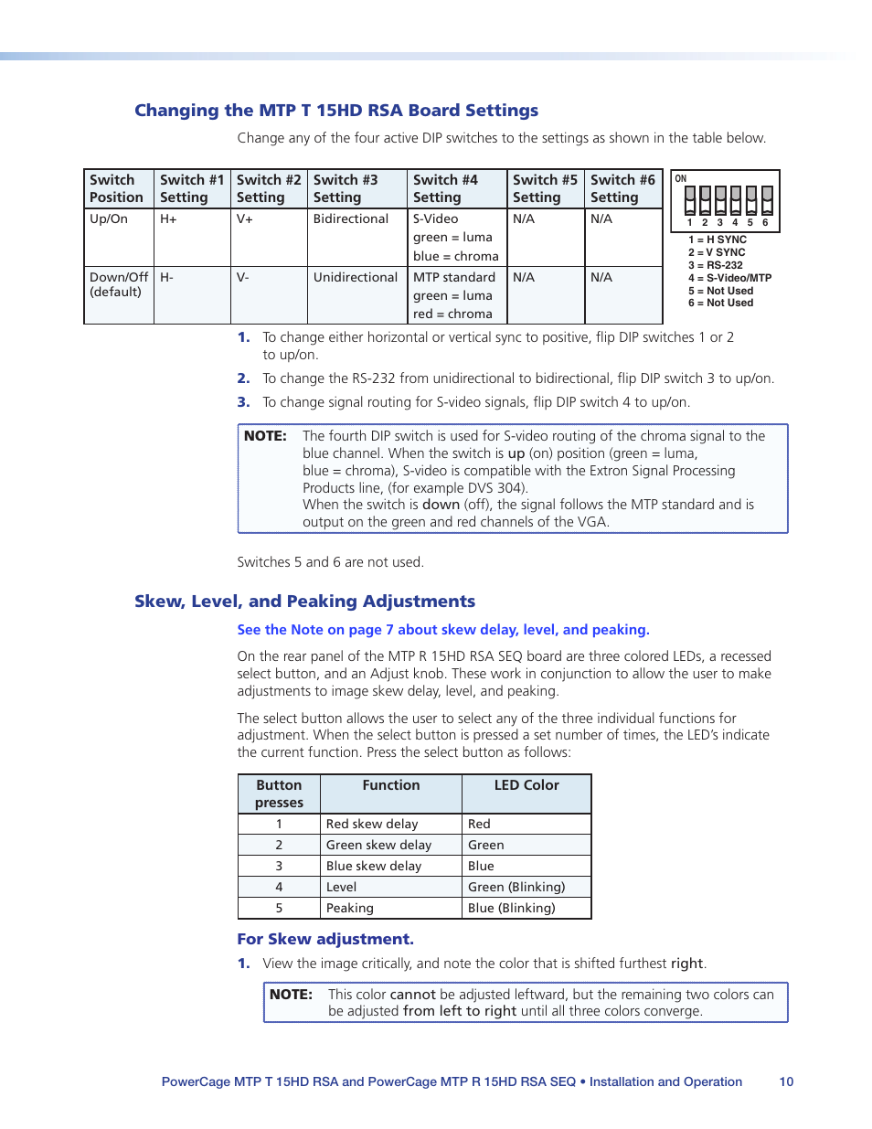 Changing the mtp t 15hd rsa board settings, Skew, level, and peaking adjustments, Changing the mtp t 15hd rsa board | Settings | Extron Electronics PowerCage MTP 15HD RSA Series User Guide User Manual | Page 14 / 20