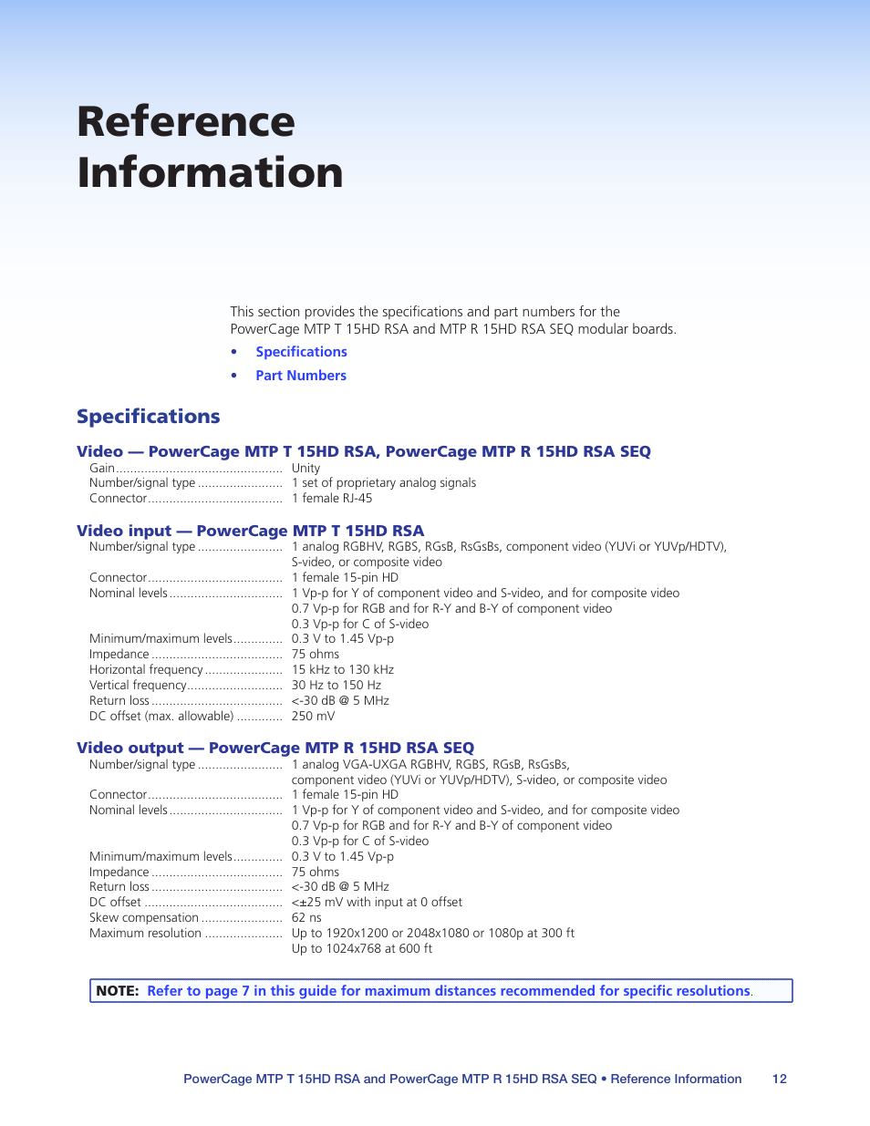 Reference information, Specifications | Extron Electronics PowerCage MTP 15HD RSA Series User Guide User Manual | Page 16 / 20