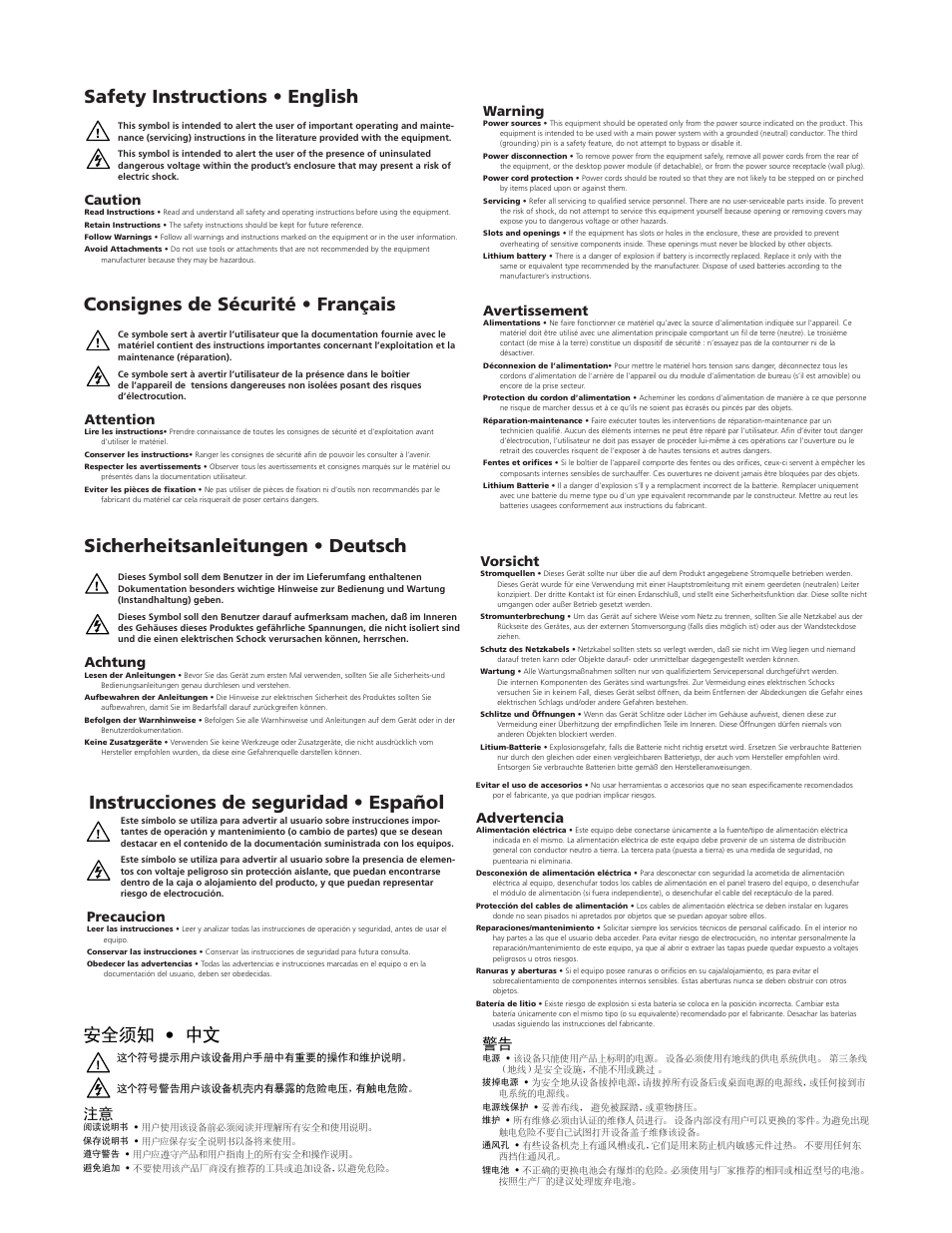 Safety instructions, Instrucciones de seguridad • español 安全须知 • 中文, Caution | Warning, Attention, Avertissement, Achtung, Vorsicht, Precaucion, Advertencia | Extron Electronics PowerCage MTP 15HD RSA Series User Guide User Manual | Page 2 / 20