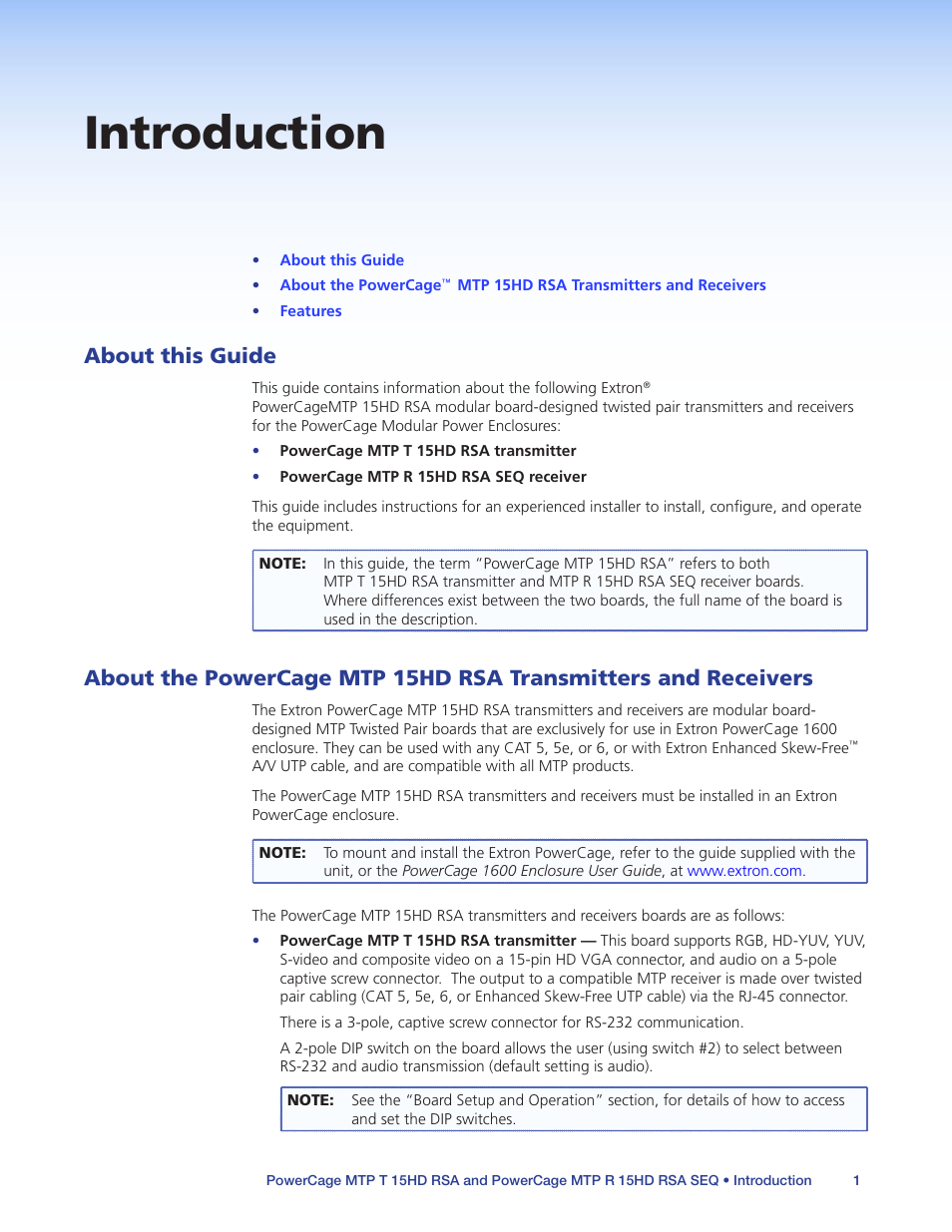 Introduction, About this guide, About this guide about the powercage mtp 15hd rsa | Transmitters and receivers | Extron Electronics PowerCage MTP 15HD RSA Series User Guide User Manual | Page 5 / 20
