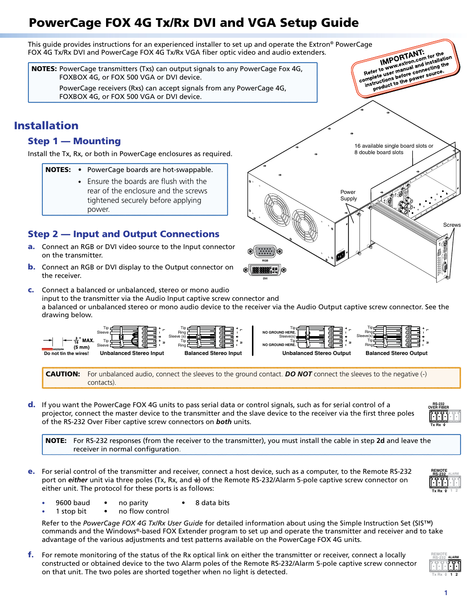 Extron Electronics PowerCage FOX 4G Tx_Rx DVI and VGA Setup Guide User Manual | 2 pages