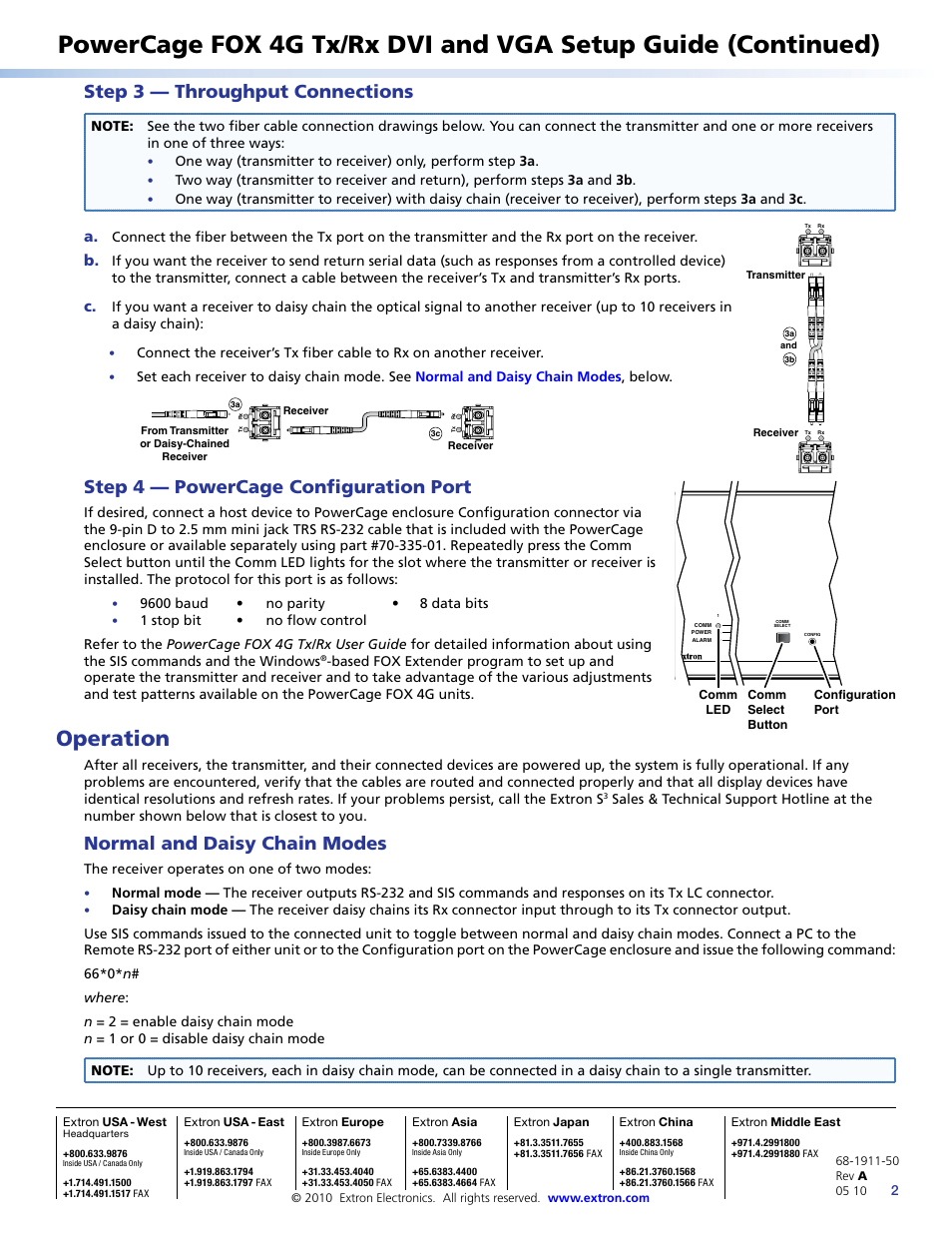 Operation, Step 3 — throughput connections, Step 4 — powercage configuration port | Normal and daisy chain modes | Extron Electronics PowerCage FOX 4G Tx_Rx DVI and VGA Setup Guide User Manual | Page 2 / 2