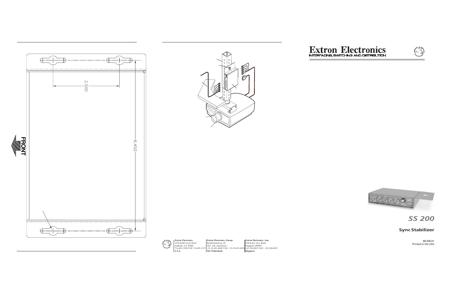 Ss 200, User’s guide, Under desk mounting template | Sync stabilizer, Application diagram example ss 200 specifications, All dimensions are in inches | Extron Electronics SS 200 User Manual | Page 2 / 2