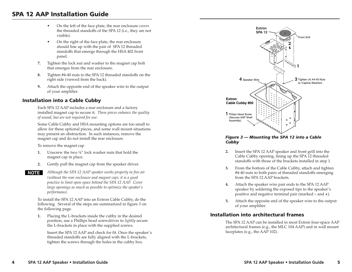 Installation into a cable cubby, Installation into architectural frames, Spa 12 aap installation guide | Spa 12 a ap | Extron Electronics SPA 12 AAP User Manual | Page 6 / 8