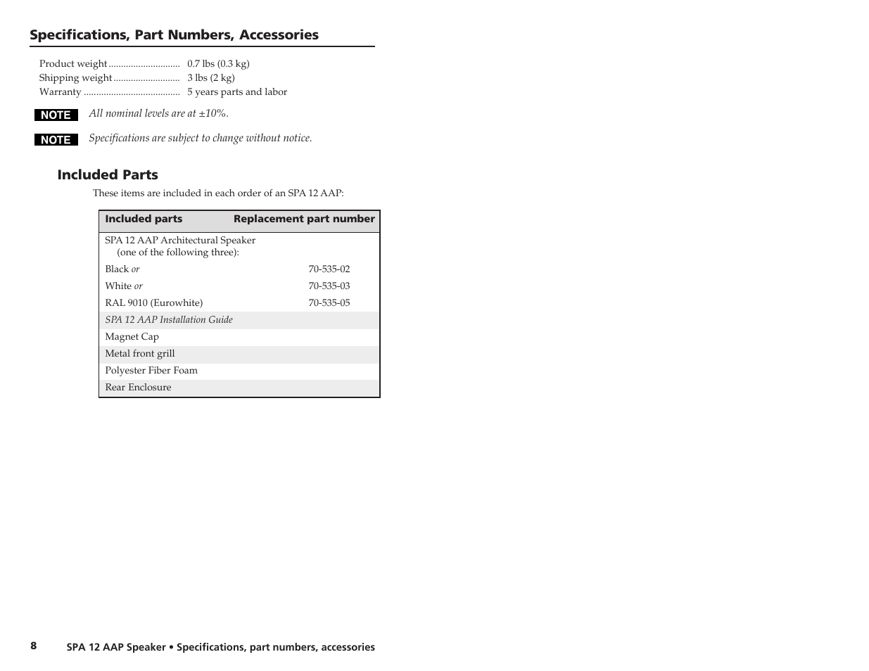 Specifications, part numbers, accessories, Included parts | Extron Electronics SPA 12 AAP User Manual | Page 8 / 8