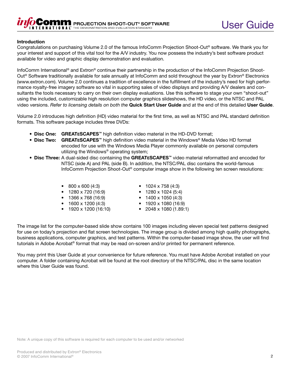 User guide | Extron Electronics Projection Shoot-Out Volume 2.0 User Manual | Page 2 / 20