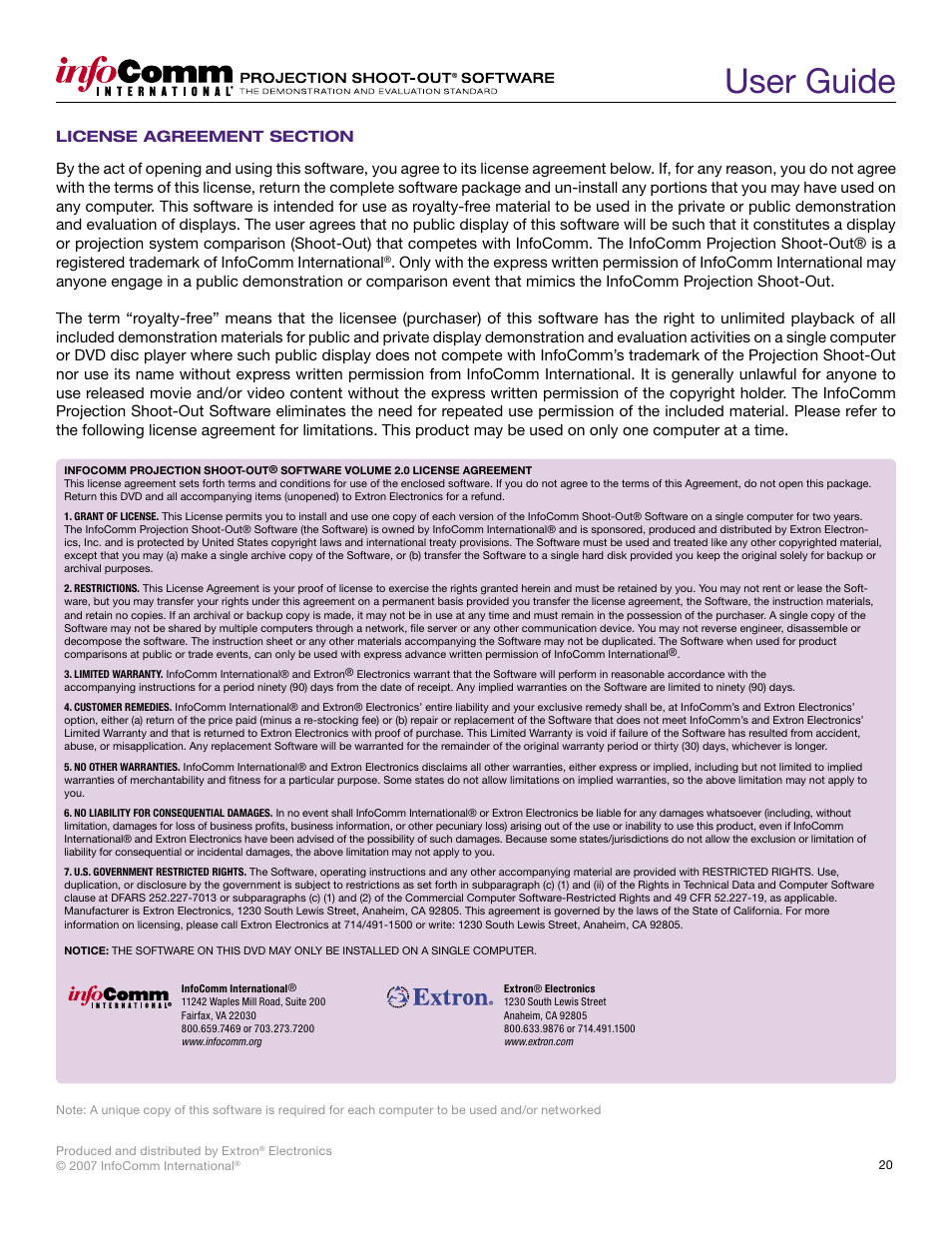 User guide | Extron Electronics Projection Shoot-Out Volume 2.0 User Manual | Page 20 / 20