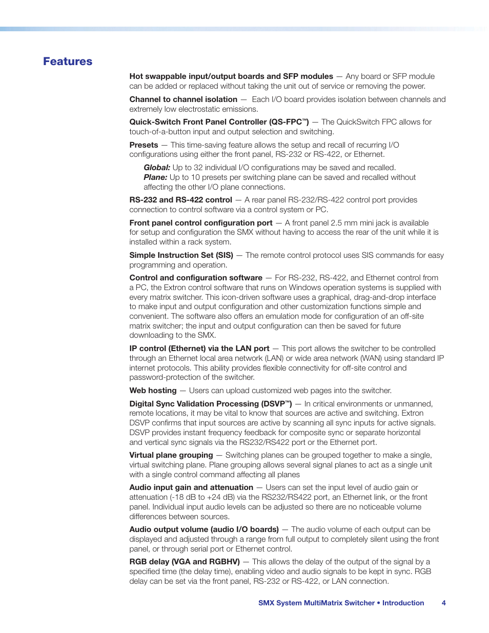Features | Extron Electronics SMX System User Guide User Manual | Page 10 / 124