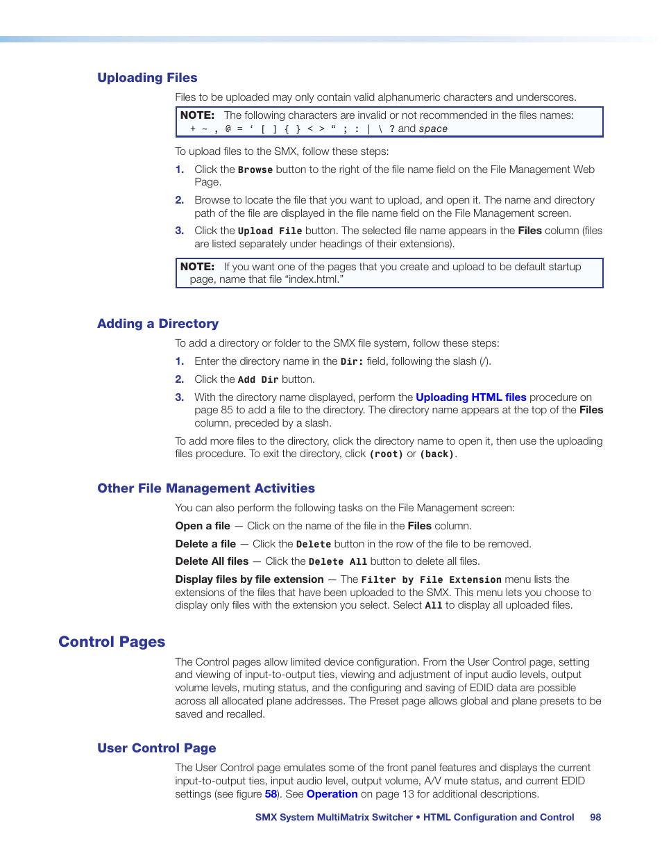 Uploading files, Adding a directory, Other file management activities | Control pages | Extron Electronics SMX System User Guide User Manual | Page 104 / 124