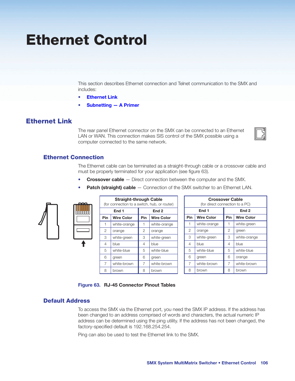 Ethernet control, Ethernet link, Ethernet connection | Default address, Ethernet connection default address | Extron Electronics SMX System User Guide User Manual | Page 112 / 124