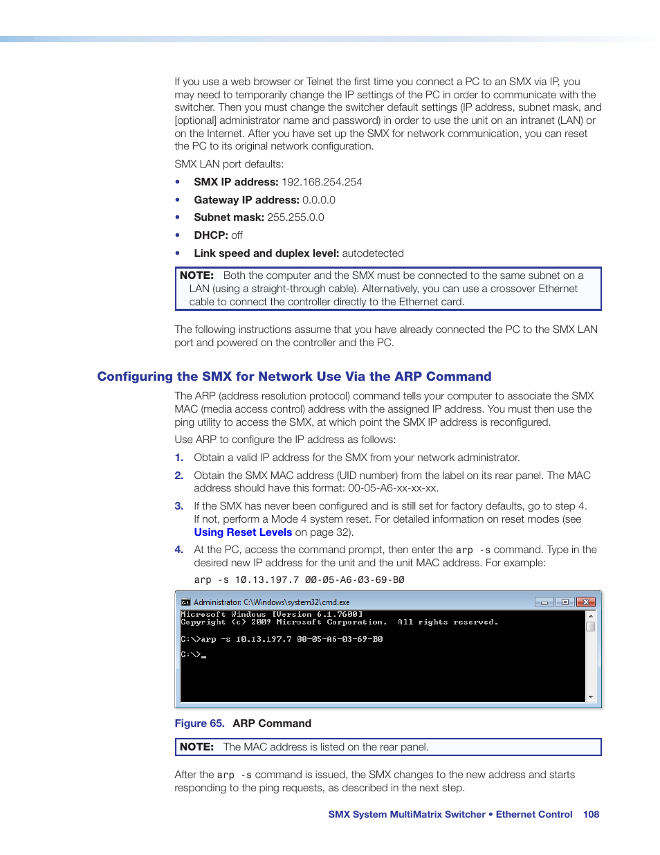 Configuring the smx for network use, Via the arp command | Extron Electronics SMX System User Guide User Manual | Page 114 / 124