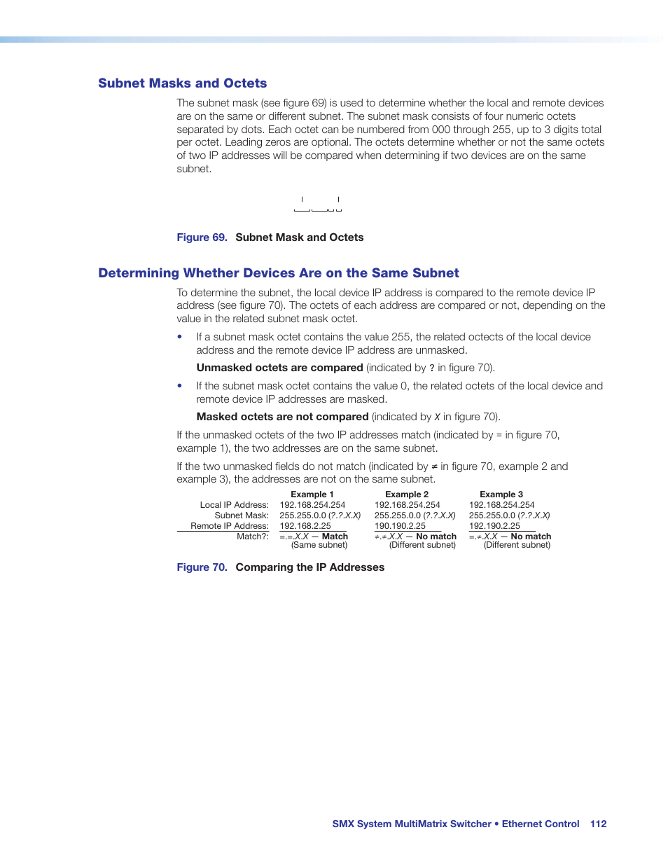 Subnet masks and octets, Determining whether devices are on the same subnet, On the same subnet | Extron Electronics SMX System User Guide User Manual | Page 118 / 124