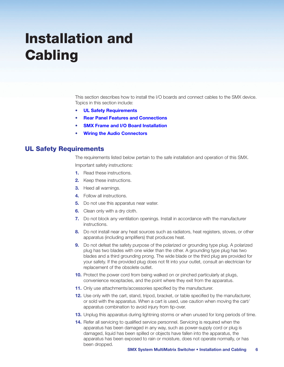 Installation and cabling, Ul safety requirements | Extron Electronics SMX System User Guide User Manual | Page 12 / 124