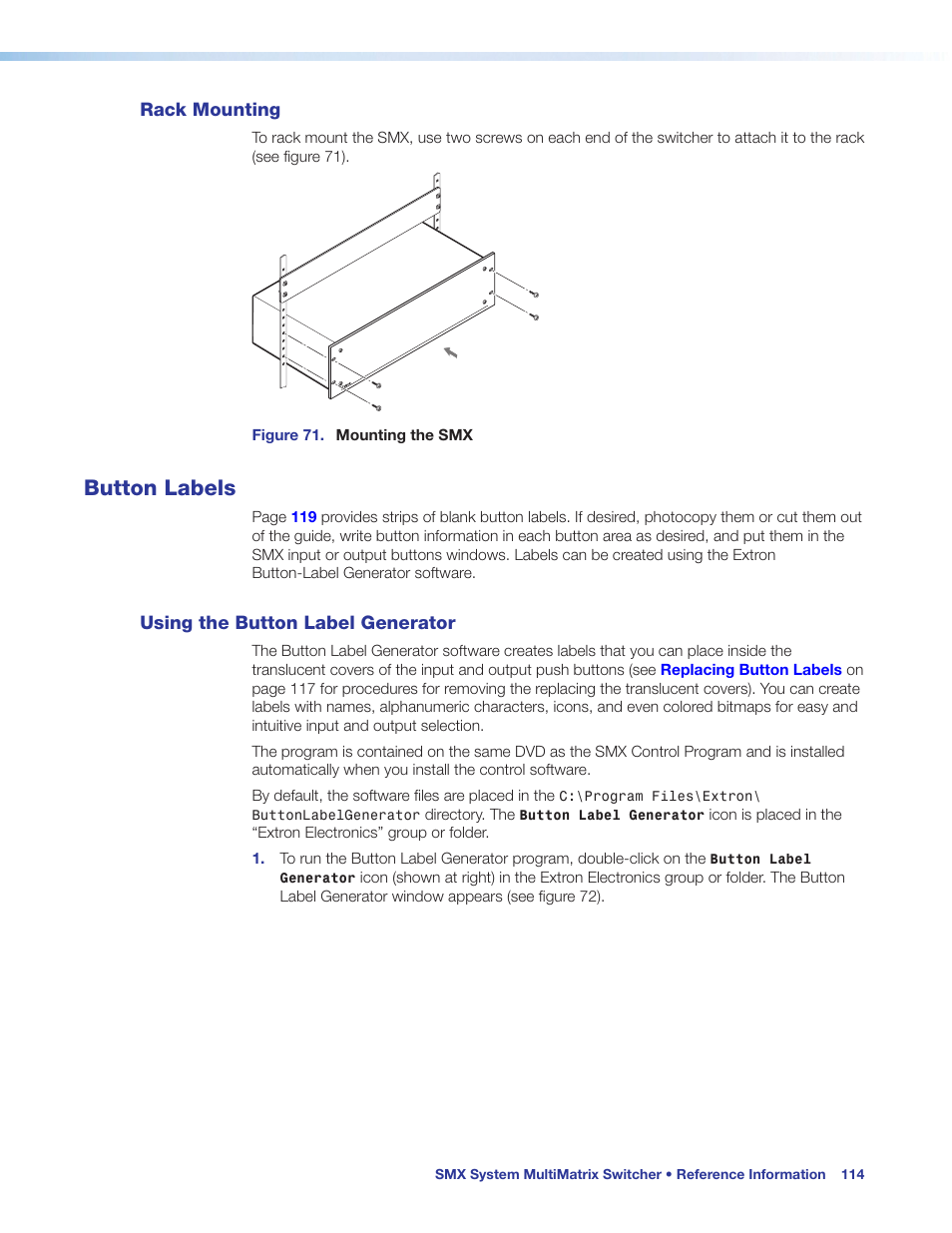 Rack mounting, Button labels, Using the button label generator | Extron Electronics SMX System User Guide User Manual | Page 120 / 124