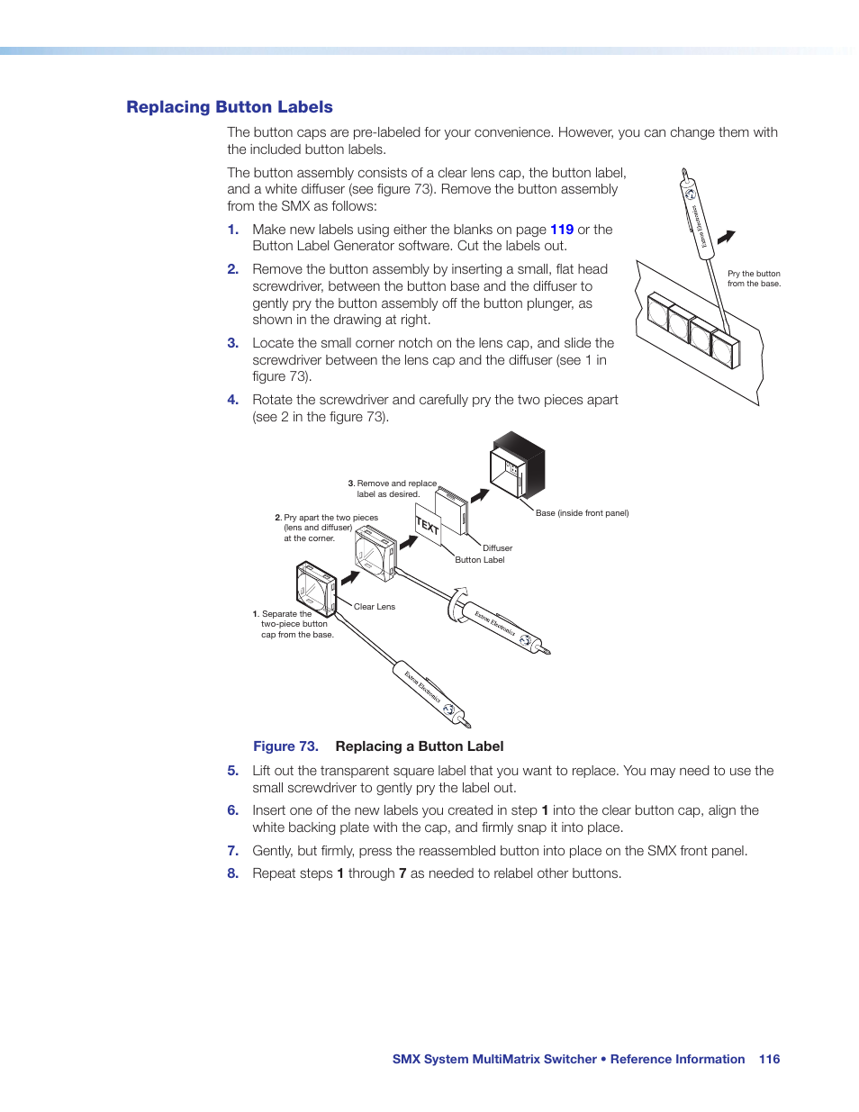 Replacing button labels, Ed (see, Replacing buttons labels | Section on | Extron Electronics SMX System User Guide User Manual | Page 122 / 124