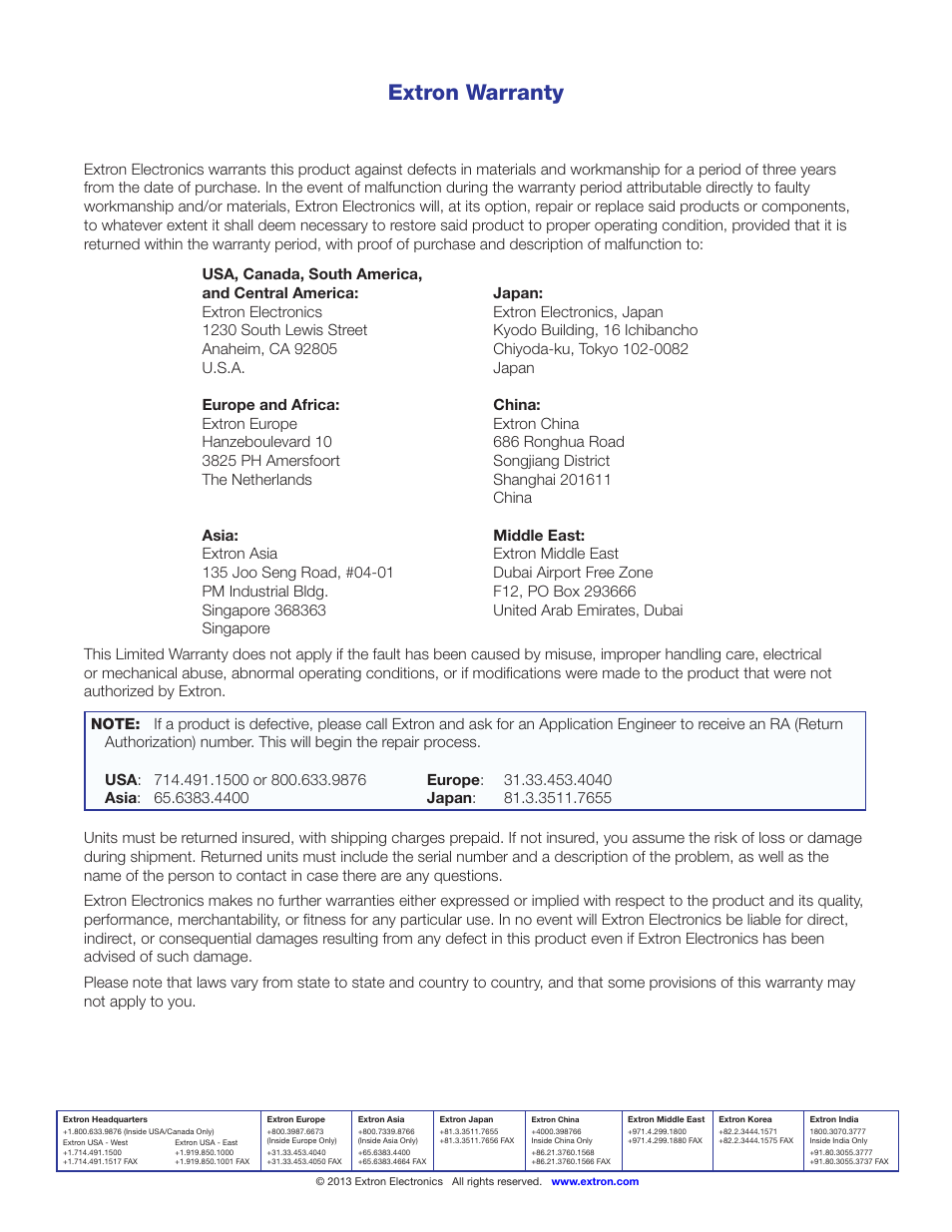 Extron warranty, On customer support (see, Back cover | For contact, Contact information extron warranty | Extron Electronics SMX System User Guide User Manual | Page 124 / 124