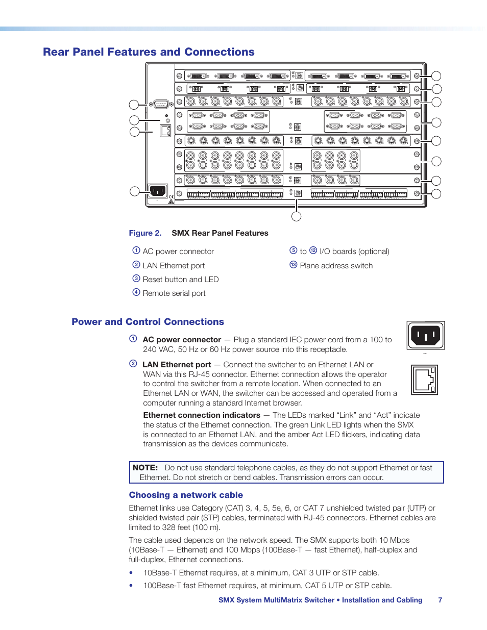 Rear panel features and connections, Power and control connections, Choosing a network cable | Figure 2. smx rear panel features, Ac power connector, I/o boards (optional), Lan ethernet port, Plane address switch, Reset button and led, Remote serial port | Extron Electronics SMX System User Guide User Manual | Page 13 / 124