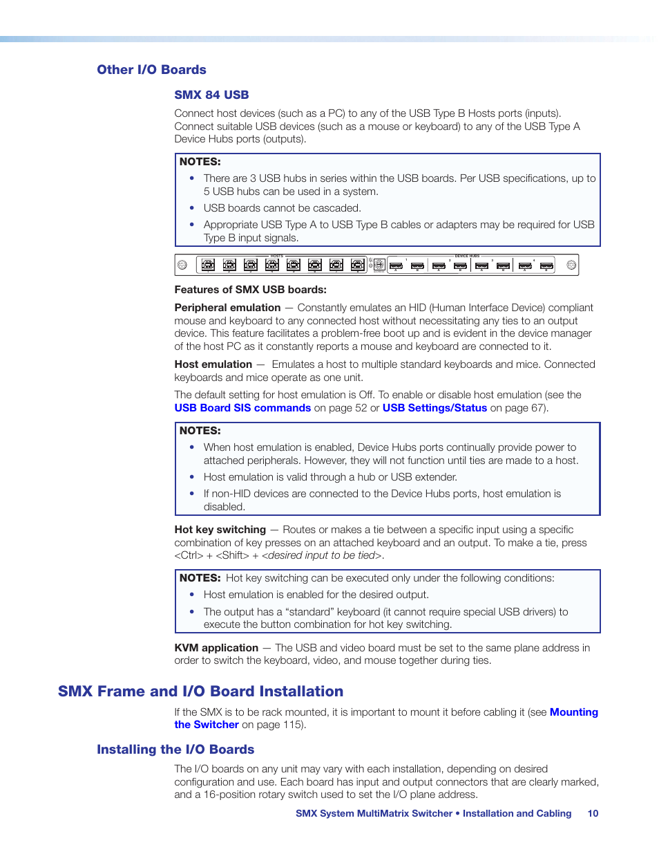 Other i/o boards, Smx frame and i/o board installation, Installing the i/o boards | D into an smx frame slot (see, Smx frame and, I/o board installation, Smx 84 usb | Extron Electronics SMX System User Guide User Manual | Page 16 / 124
