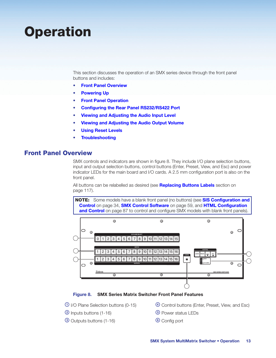 Operation, Front panel overview, Ces (see | Extron Electronics SMX System User Guide User Manual | Page 19 / 124