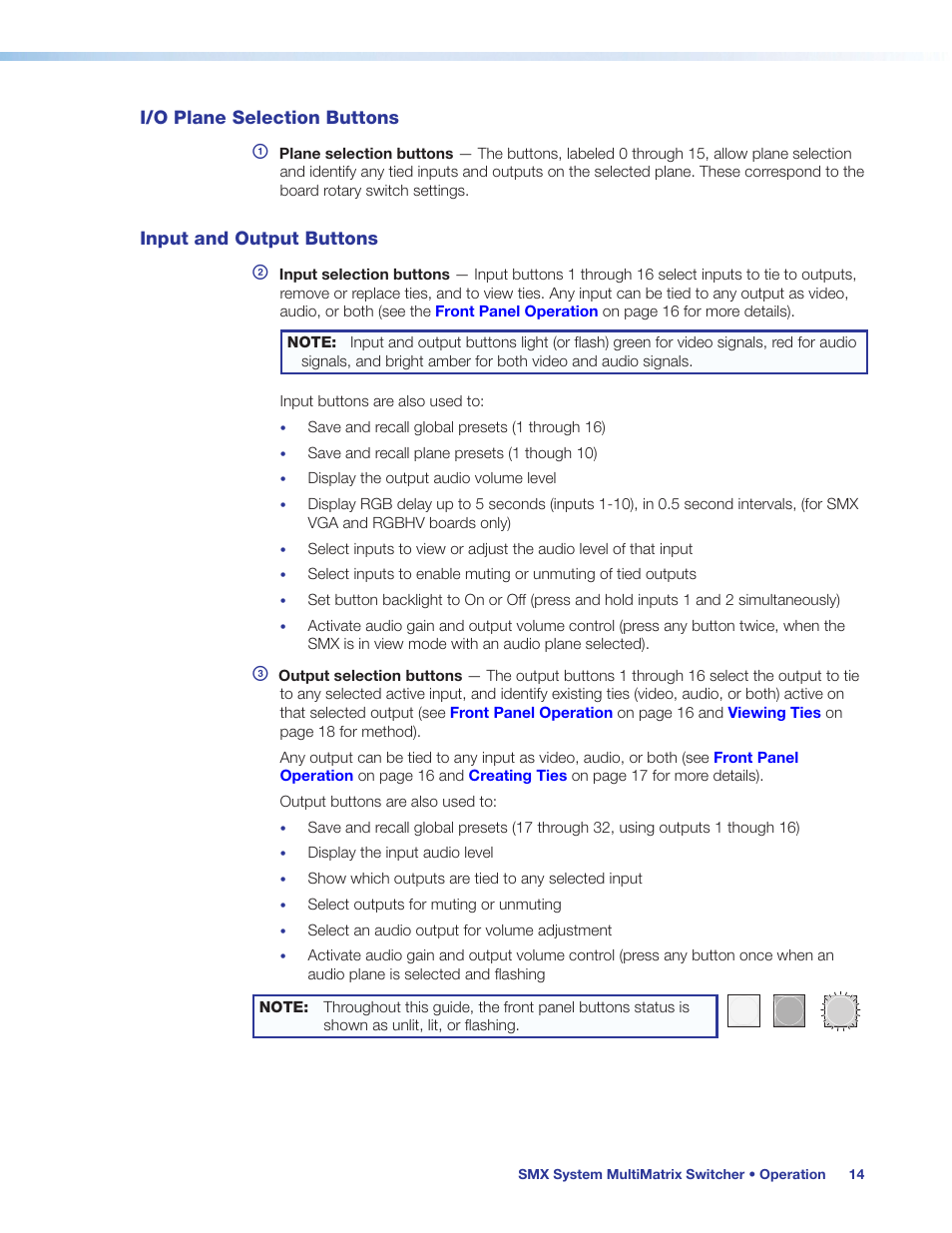 I/o plane selection buttons, Input and output buttons | Extron Electronics SMX System User Guide User Manual | Page 20 / 124