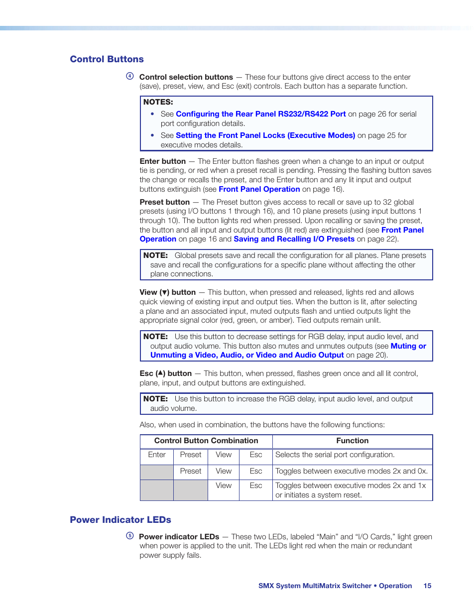Control buttons, Power indicator leds, Control buttons power indicator leds | Extron Electronics SMX System User Guide User Manual | Page 21 / 124