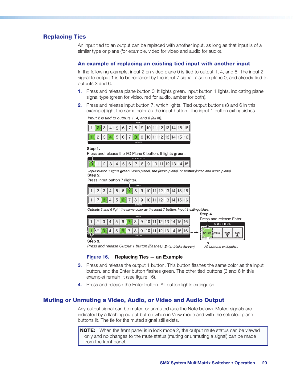 Replacing ties, Replacing ties muting or unmuting a video, audio, Or video and audio output | Muting or, Unmuting a video, audio, or video and audio output | Extron Electronics SMX System User Guide User Manual | Page 26 / 124