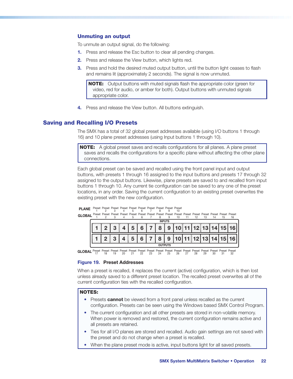 Saving and recalling i/o presets, Unmuting an output | Extron Electronics SMX System User Guide User Manual | Page 28 / 124